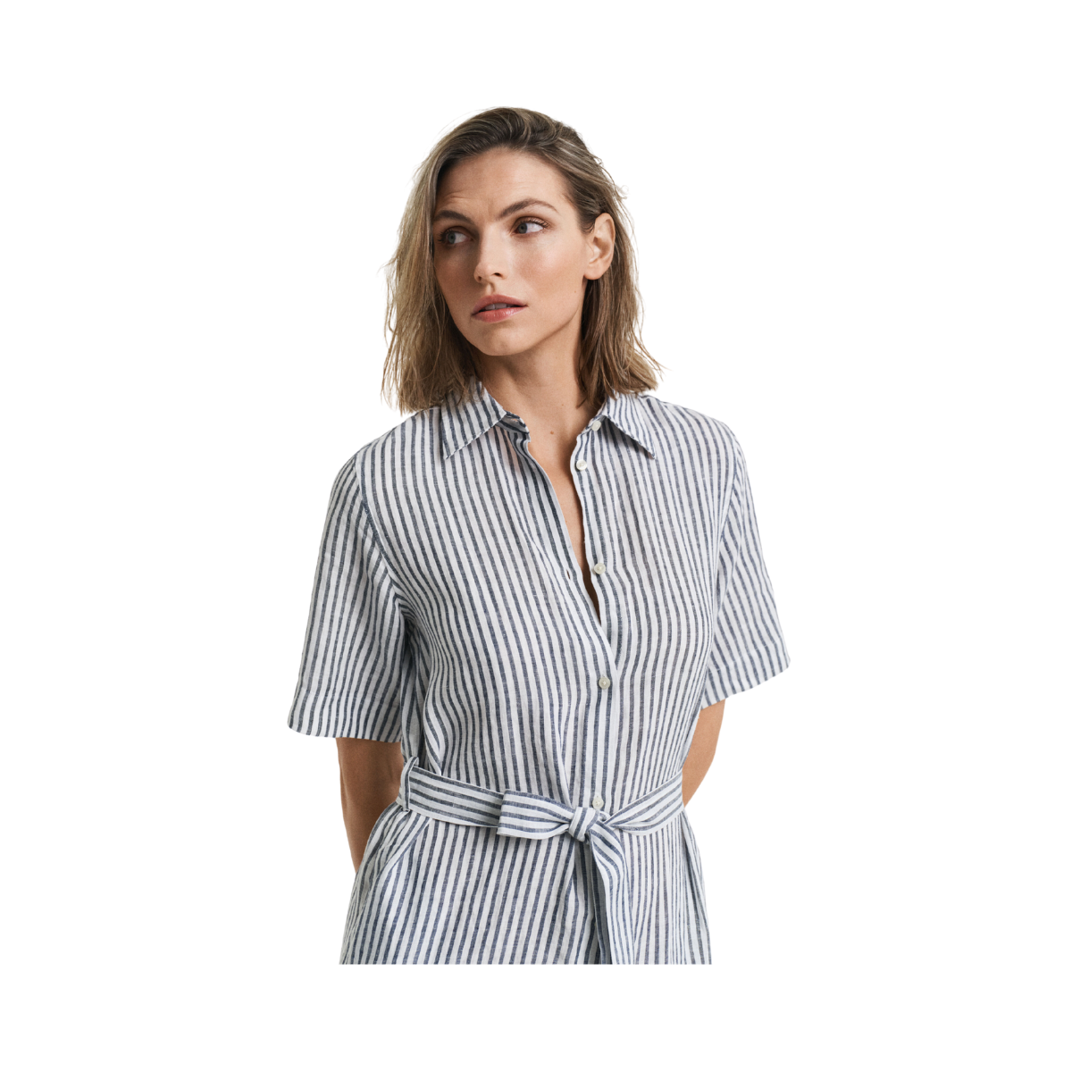 REG LINEN STRIPED SHIRT DRESS - Evening Blue