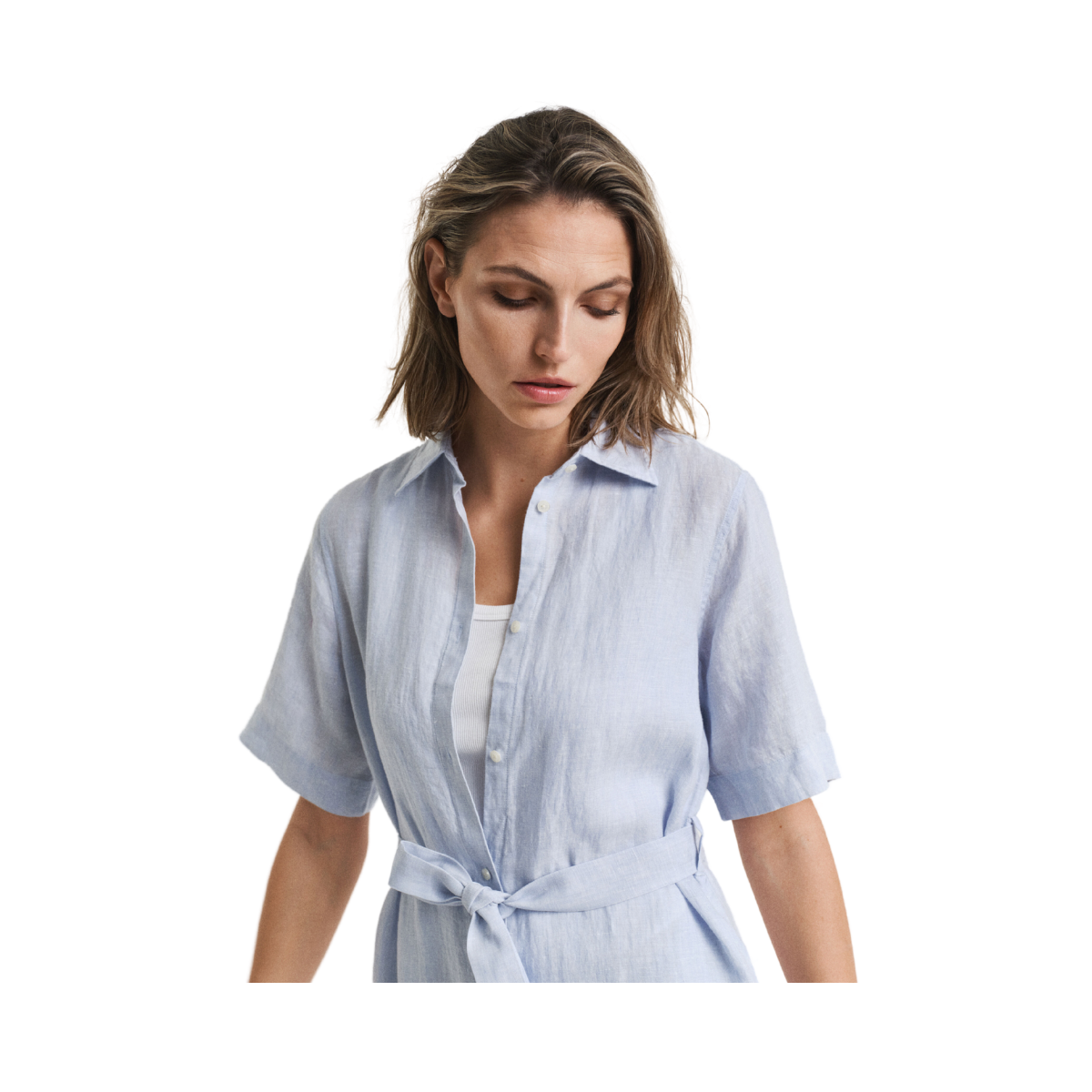 Reg Linen SS Shirt Dress - Light Blue