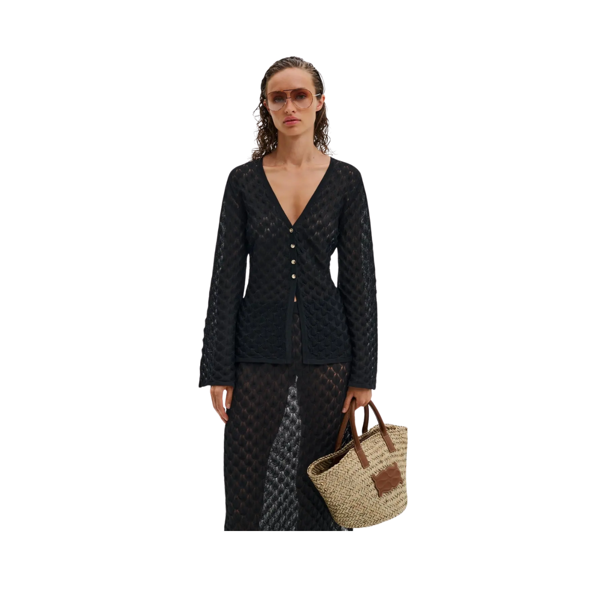 Ayla Pointelle Knitted Cardigan - Black