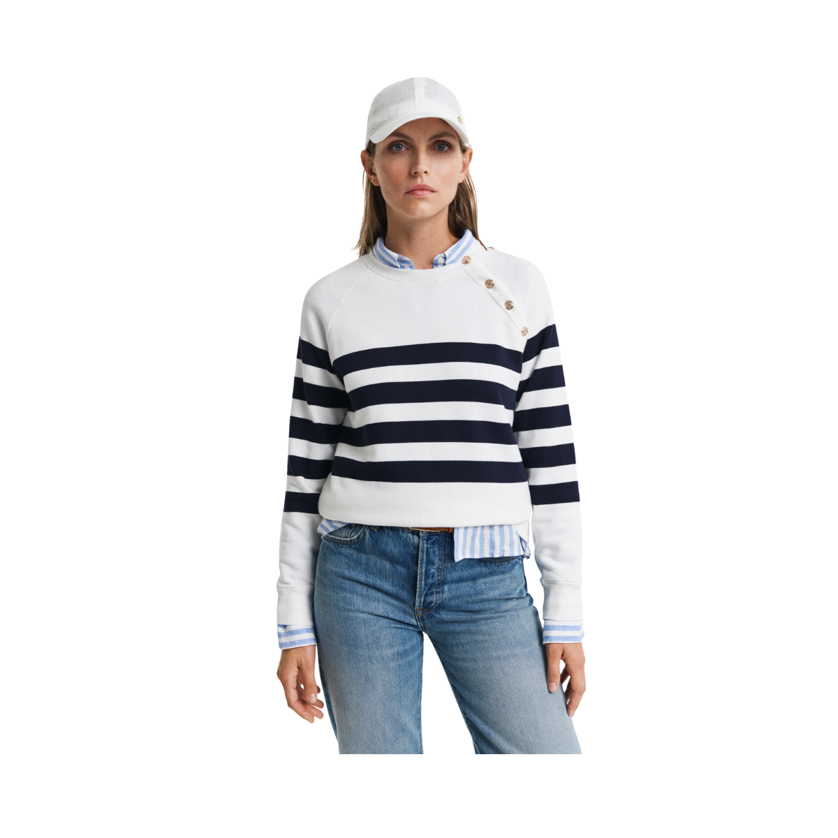 Striped Gold Button C-Neck Sweat - 113 Eggshell