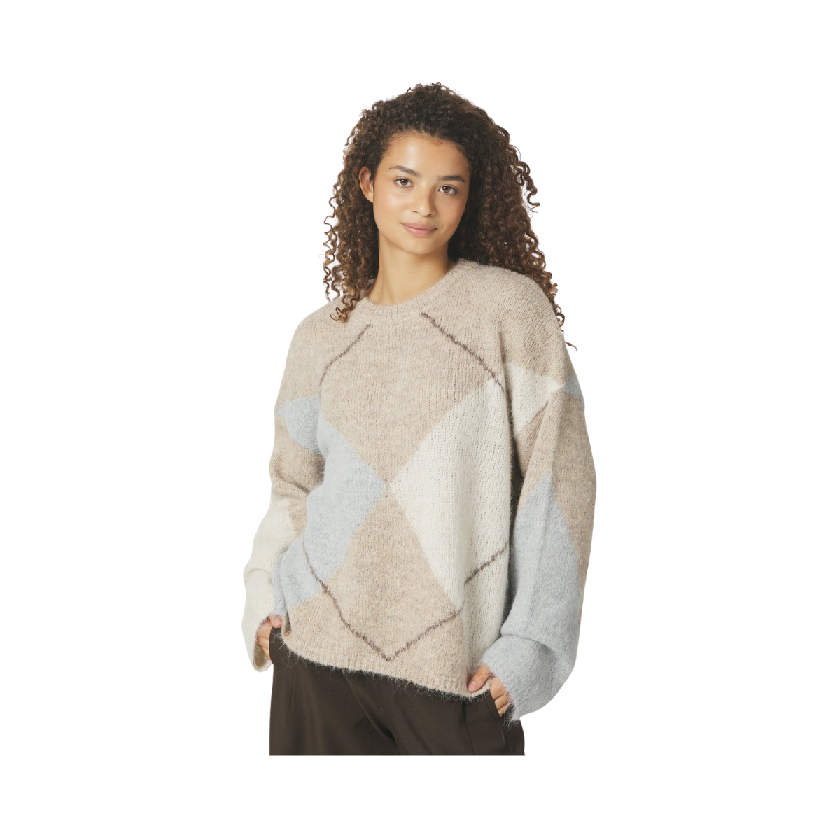 Inga Check Fluff Knit Blouse - Beige Melange