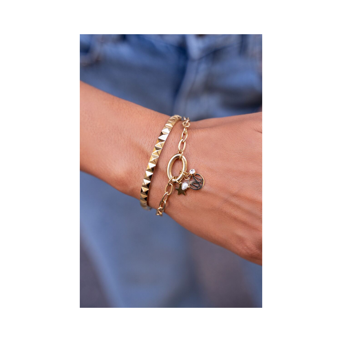 Bracelet with charms & pearl - Gold