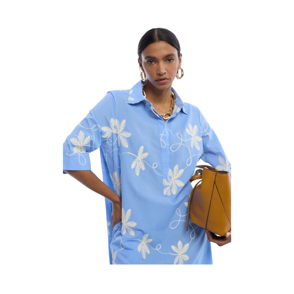 Shirt Dress with Embroidered Flowers - Blue-Ecru