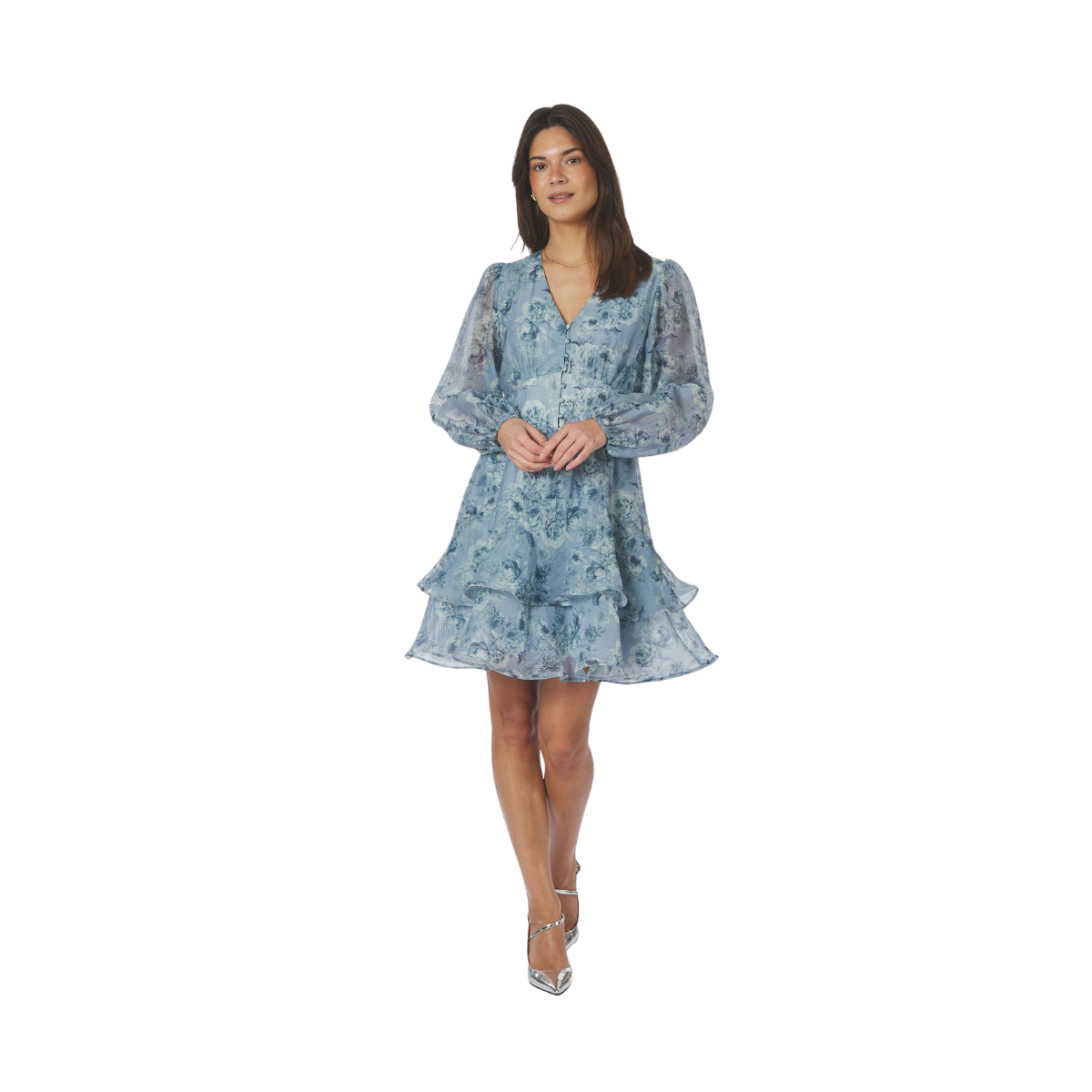 Mabella Crepe Print Dress - Dusty Blue