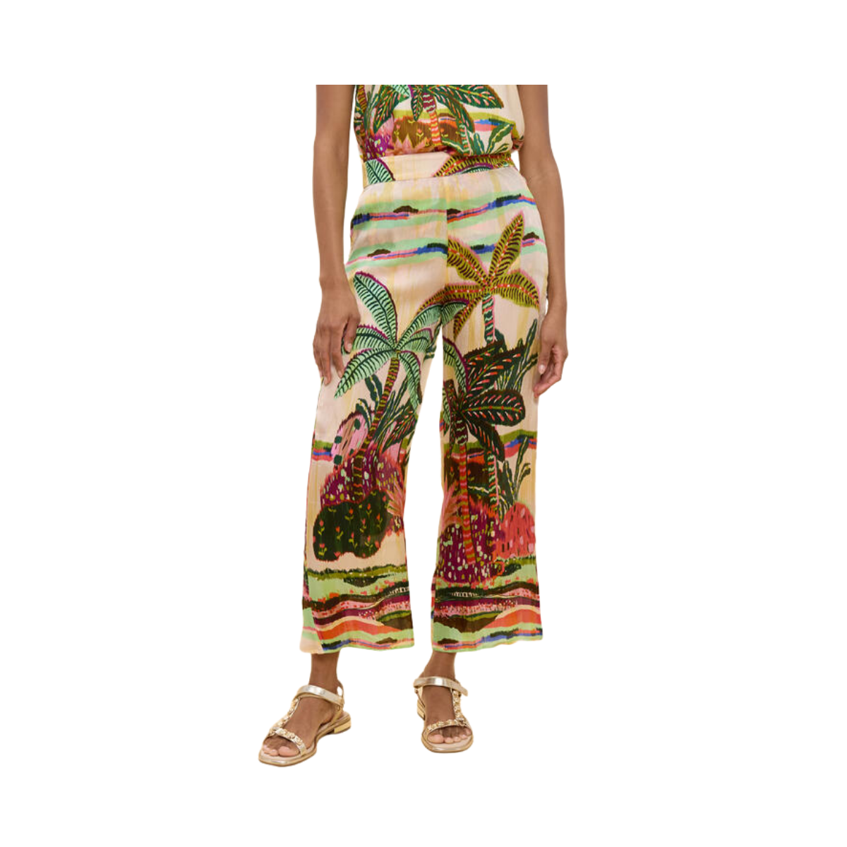Palm Tree Print Pants - Ecru-Multicolor