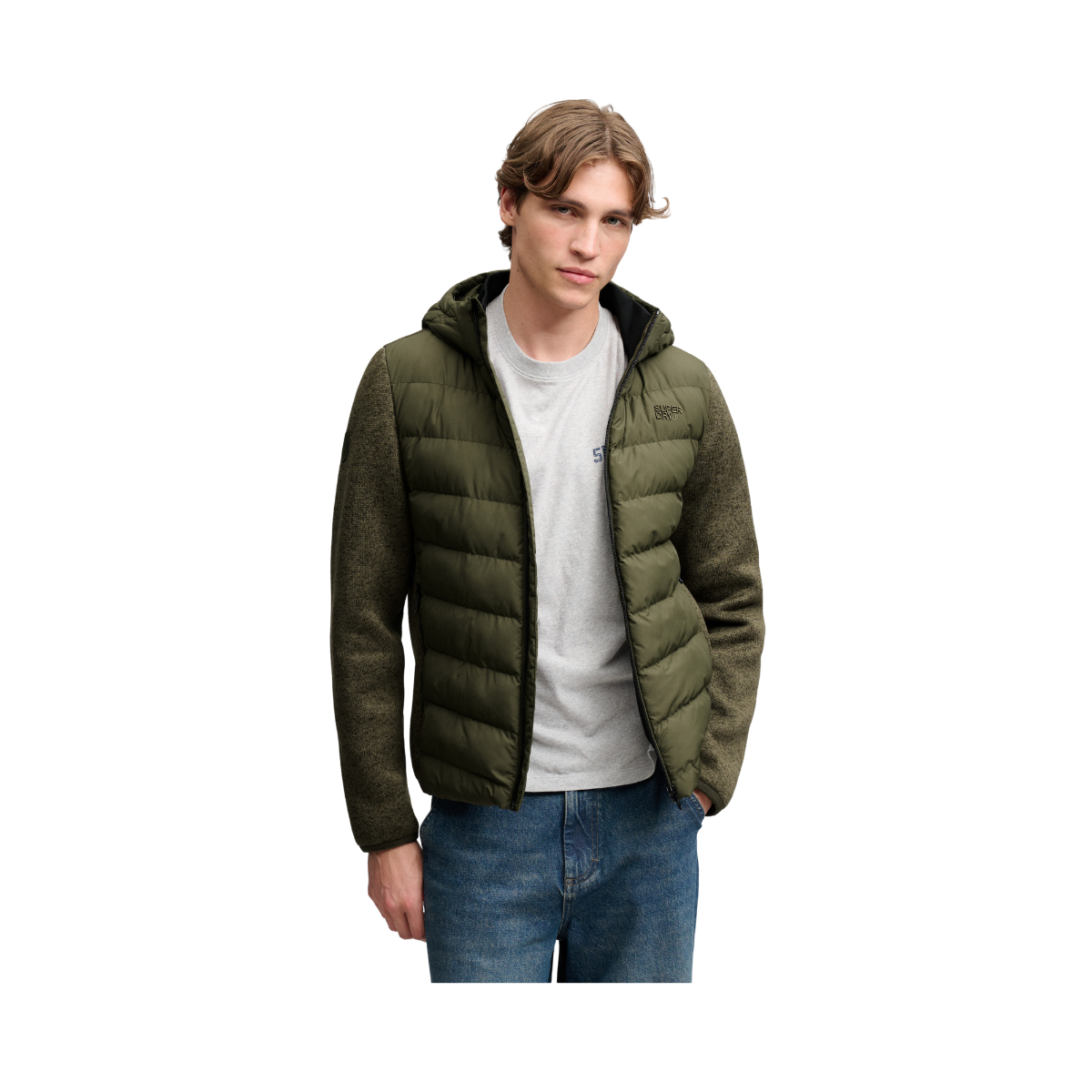 Hooded Storm Knit Hybrid Jkt - Khaki Green Marl