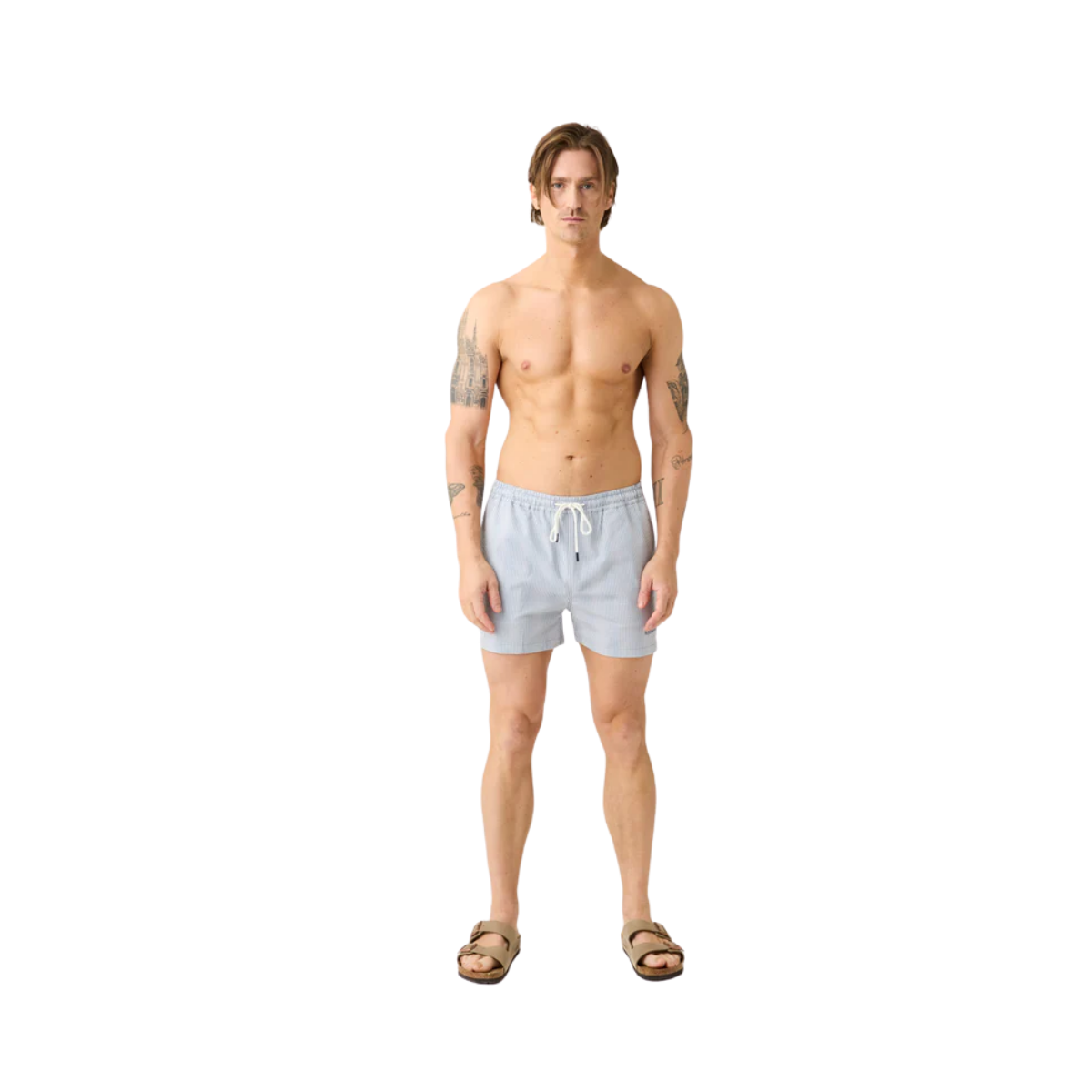 Mid-Thigh Stripe Seersucker Swimshorts - Blue stripe