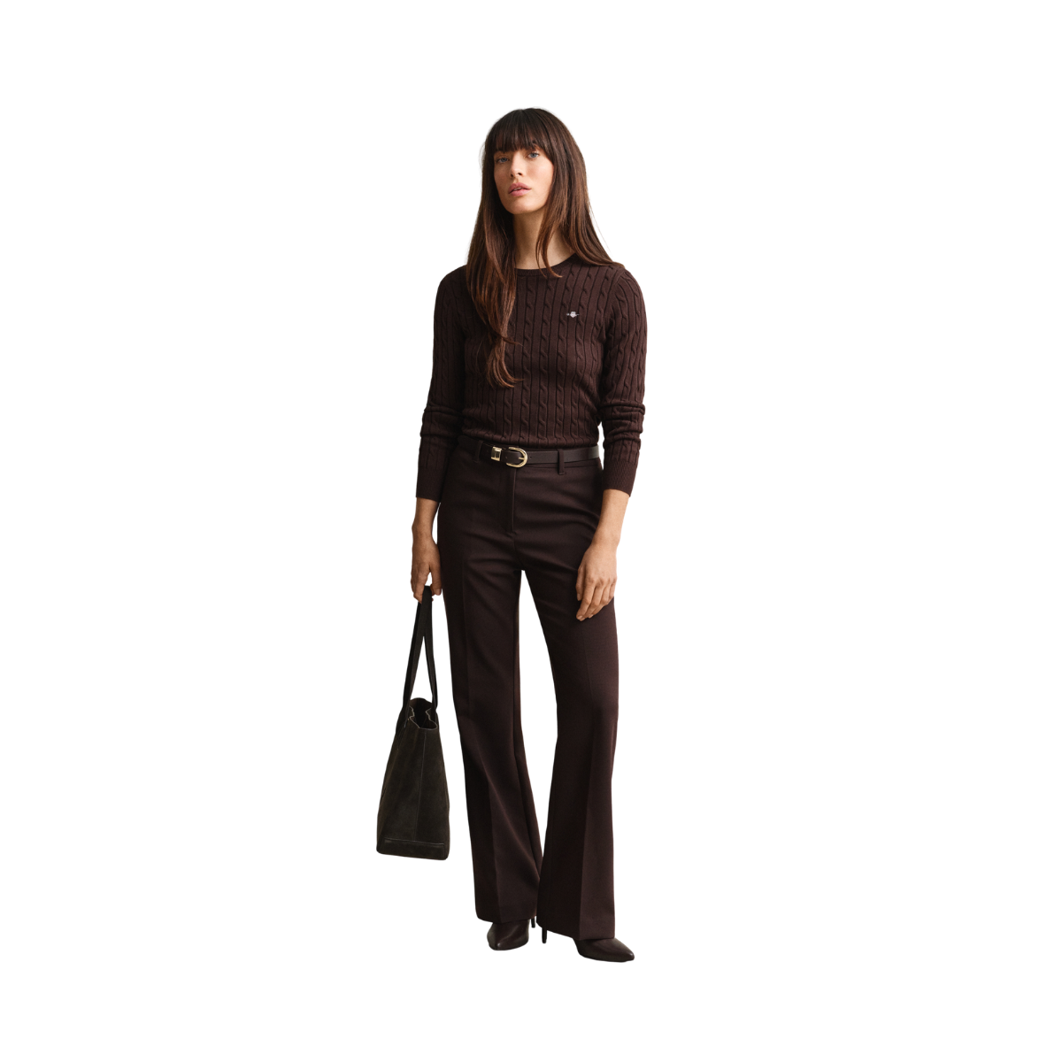 Stretch Cotton Cable C-Neck - Deep Brown