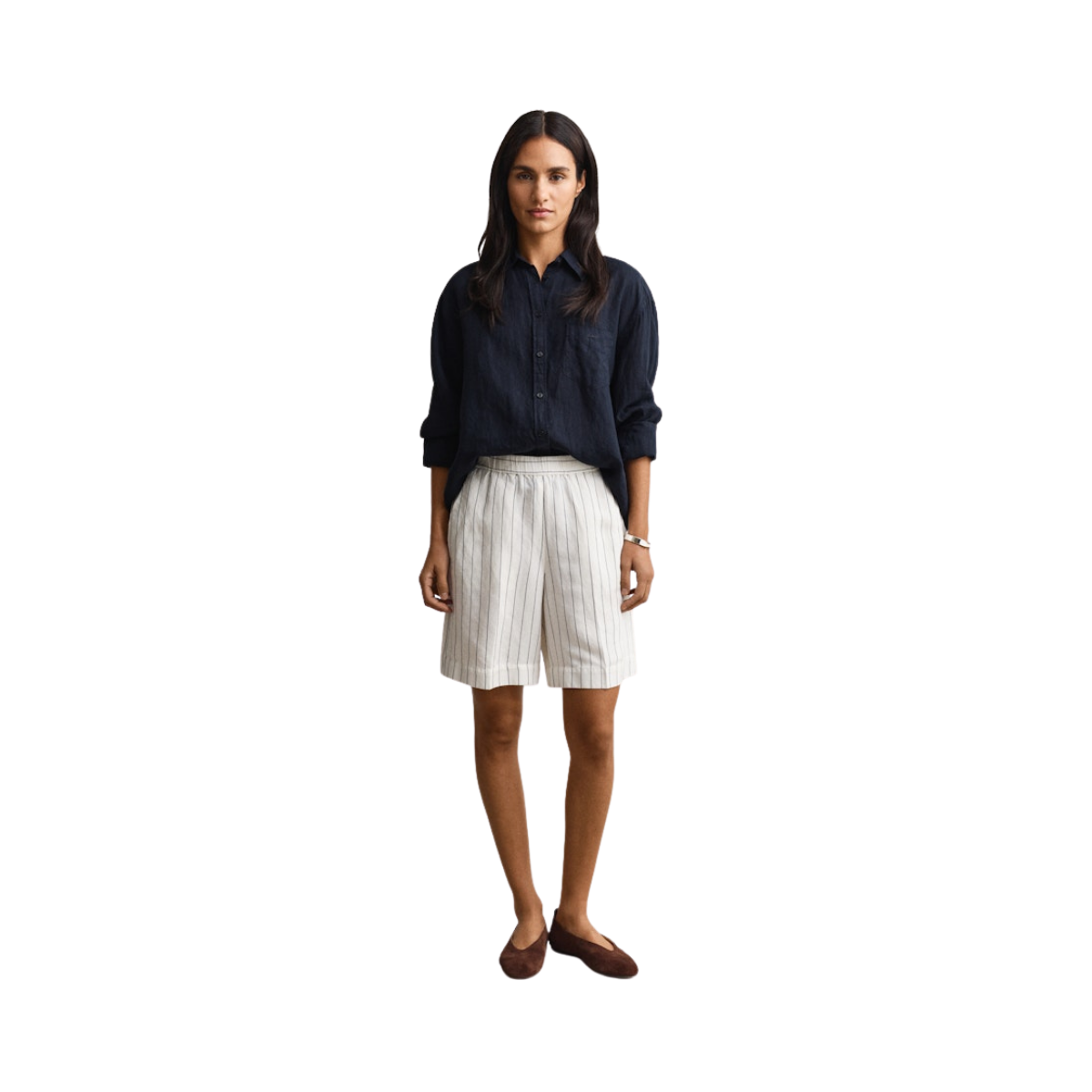 Striped Linen Blend Pull On Shorts - 113 Eggshell