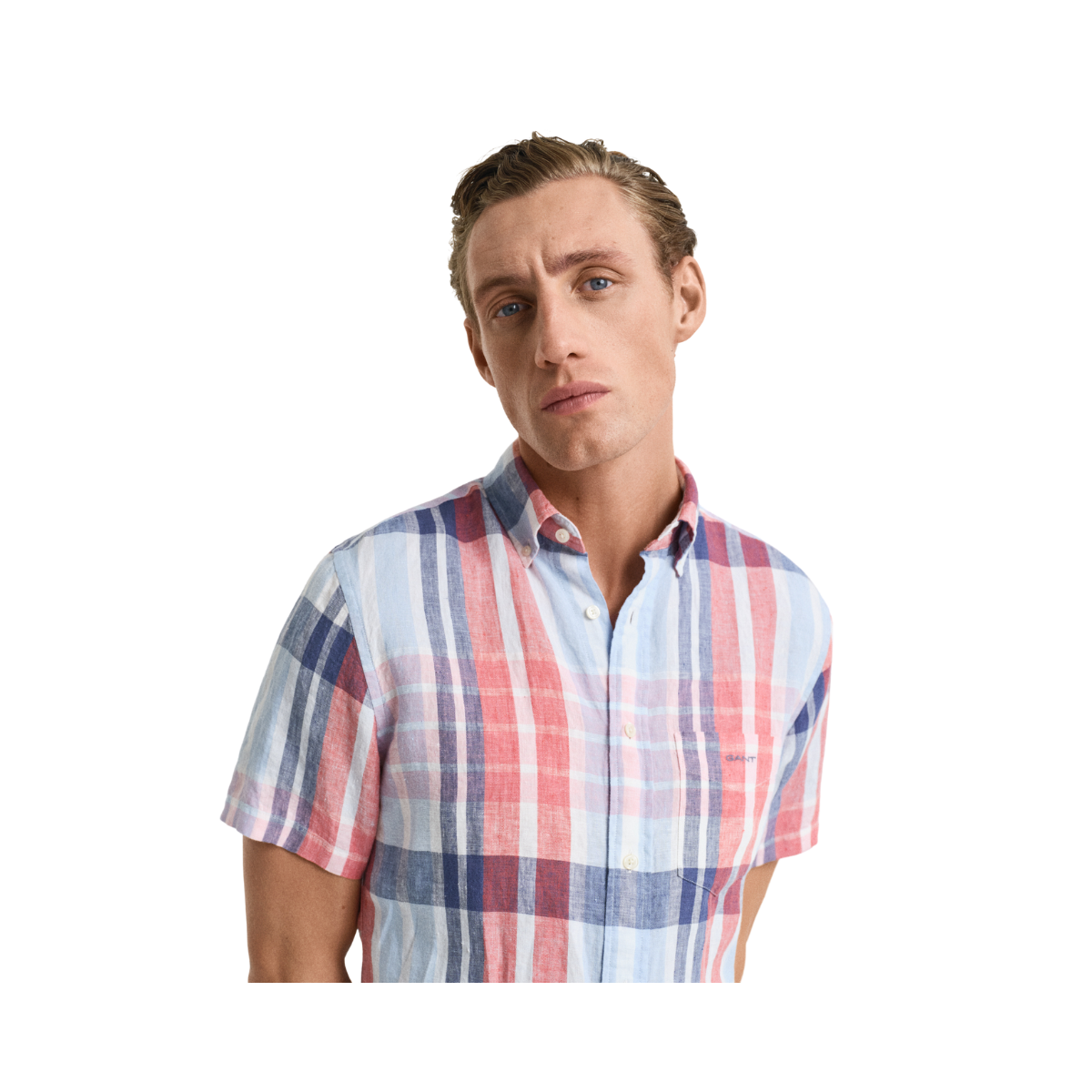 Reg Linen Madras Ss Shirt - Brick Red