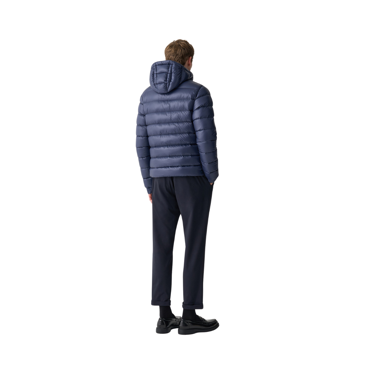 Mens Glossy Hooded Down Jacket - Navy