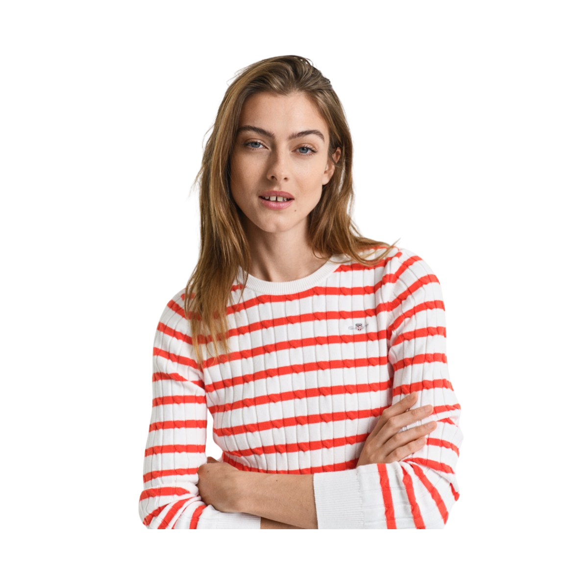STRETCH COTTON CABLE STRIPE C-NECK - 651 ORANGE RED