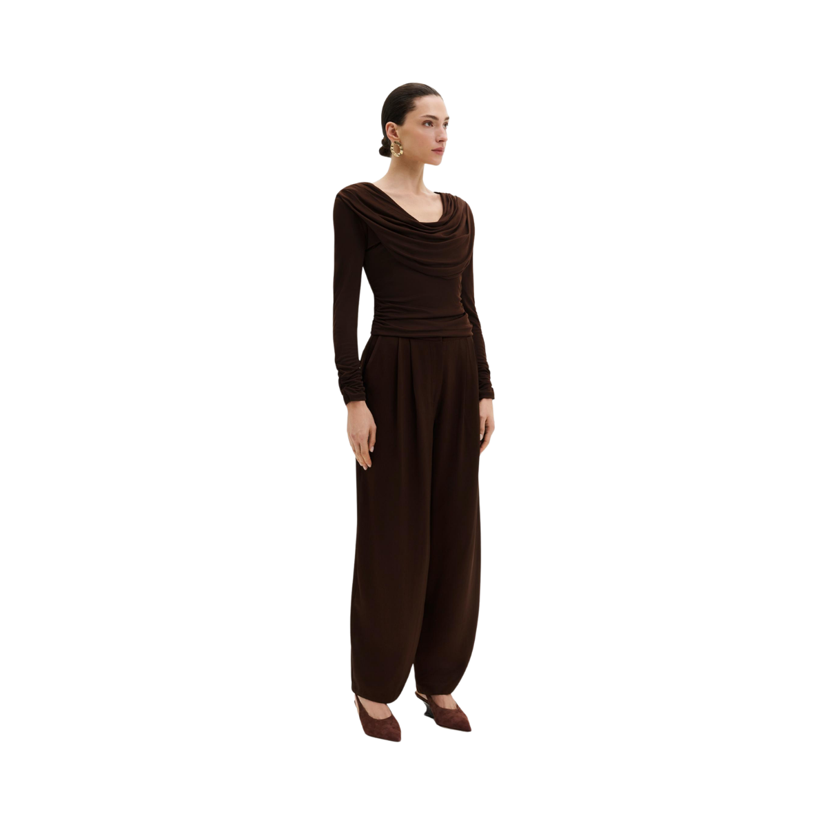 Signe Cowl Neck Jersey Top - Dark Brown