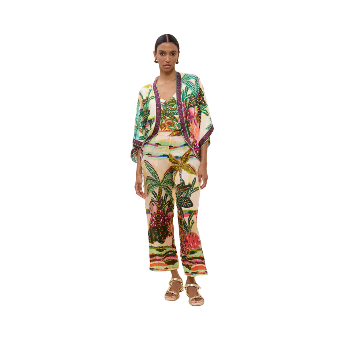 Palm Print Kimono - Ecru-Multicolor
