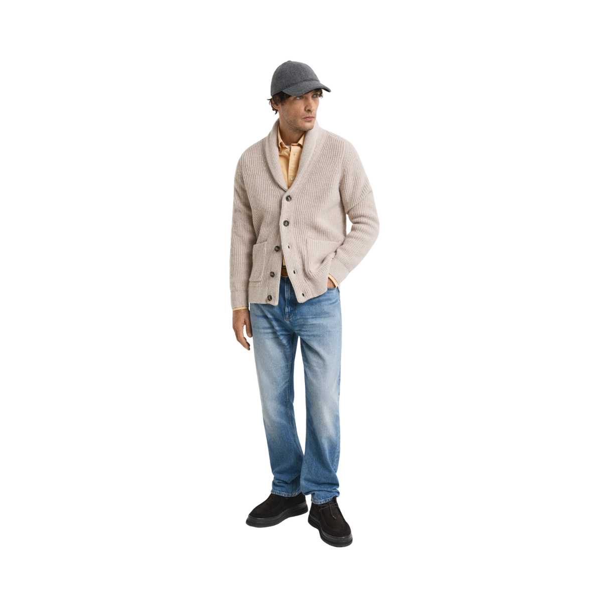 Wool Blend Shawl Collar Cardigan - Light Beige Melange