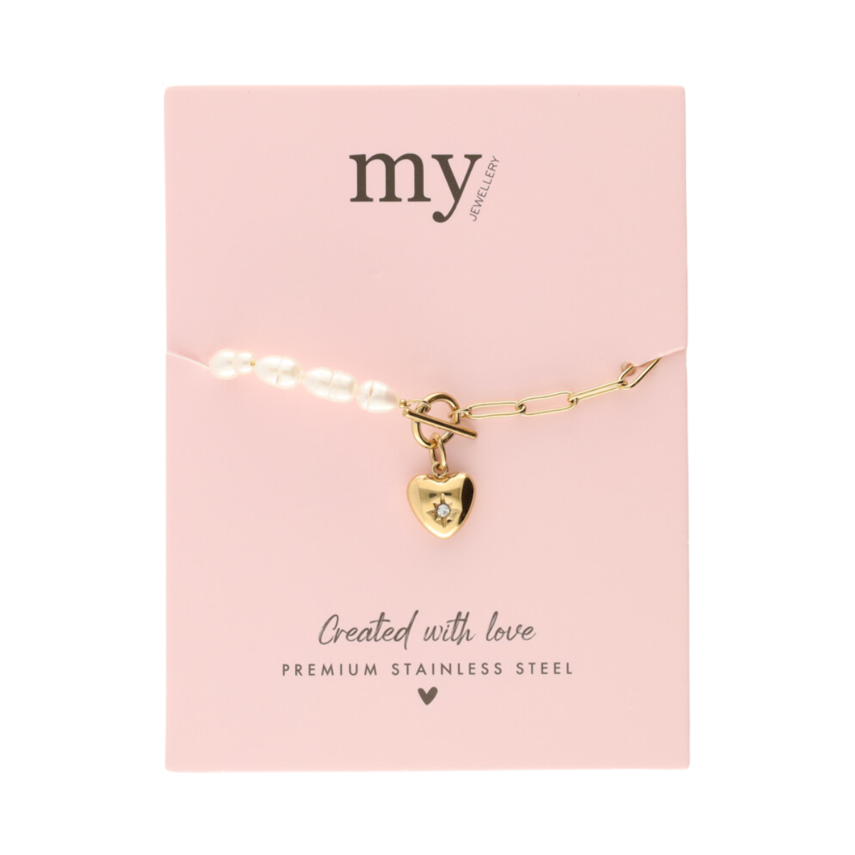 Bracelet Chain Pearls Heart Charm - Gold