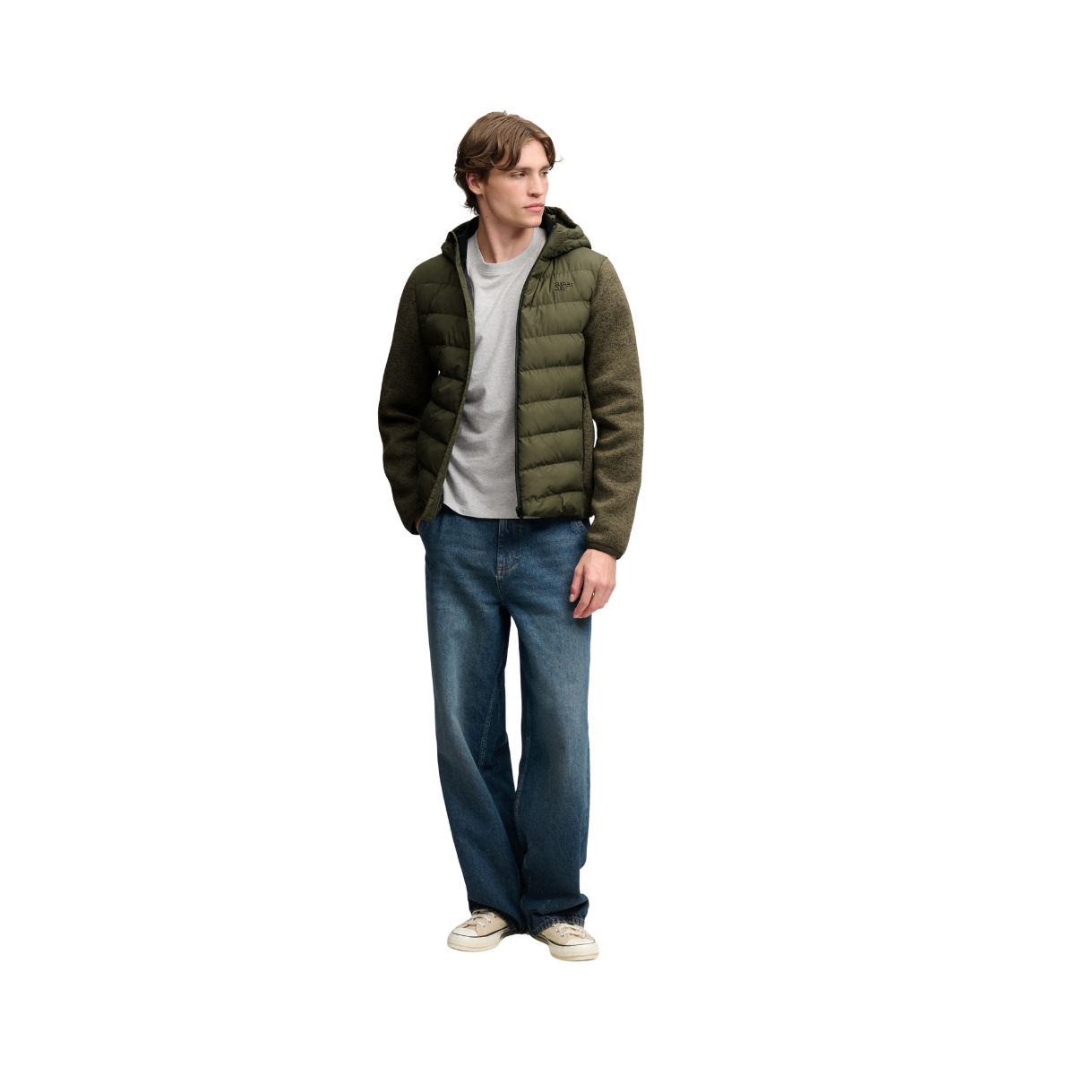 Hooded Storm Knit Hybrid Jkt - Khaki Green Marl