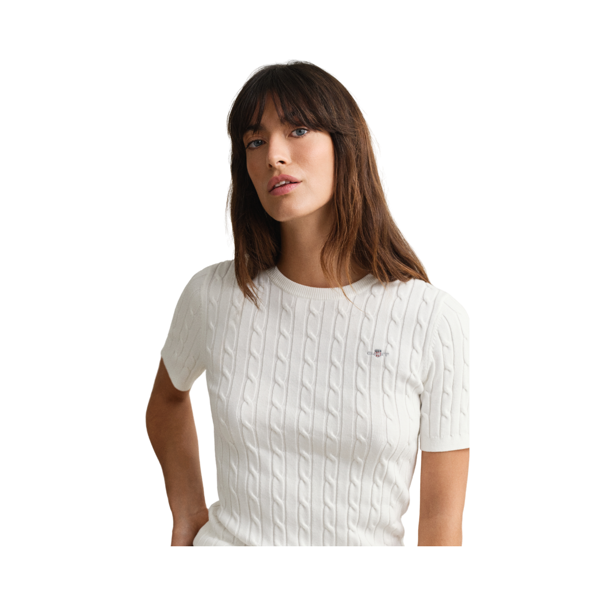 STRETCH COTTON CABLE SS C-NECK - Eggshell