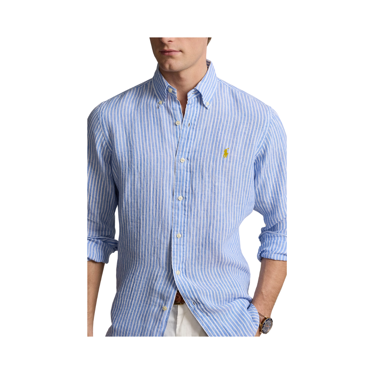 Long Sleeve Linen Shirt - Blue/White