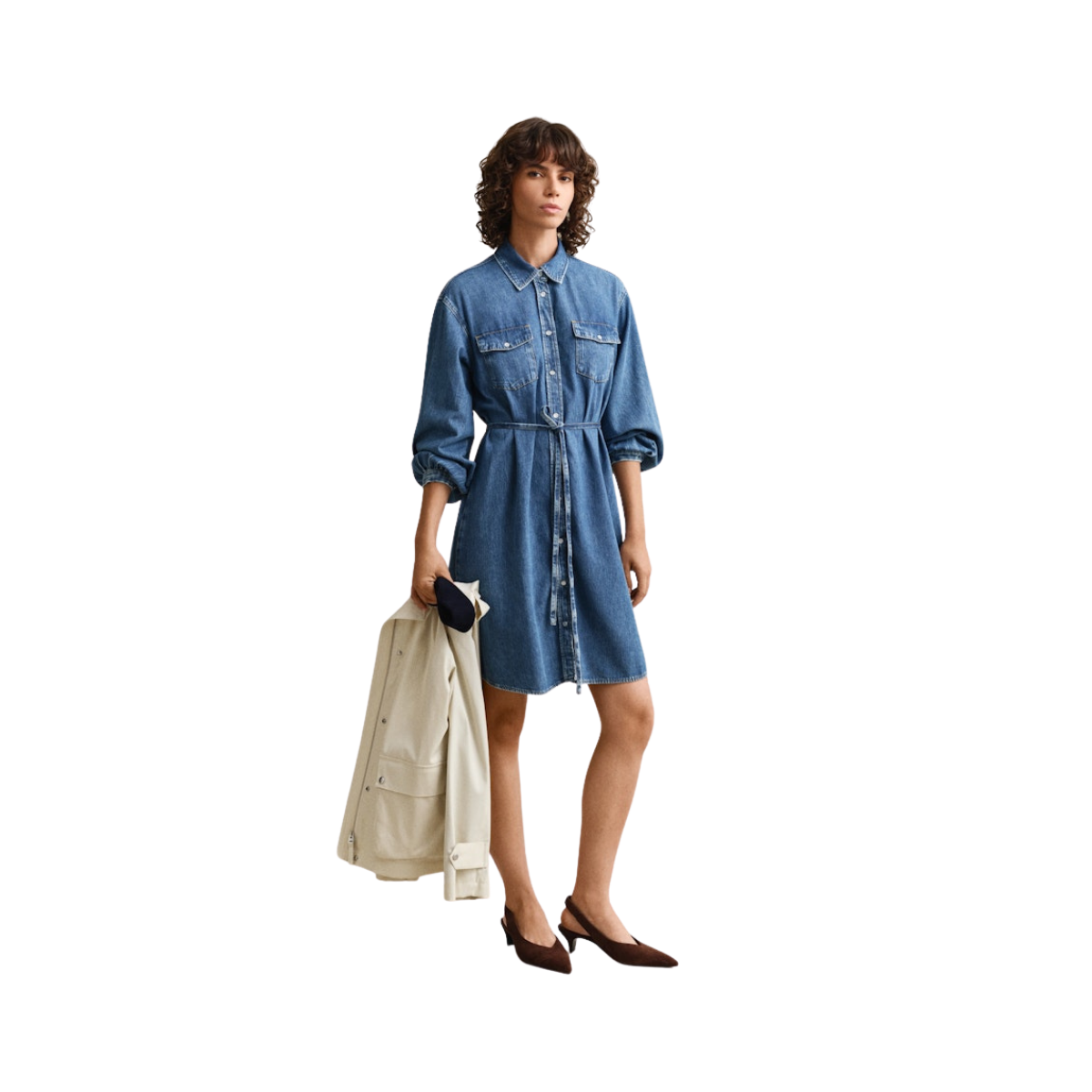 Denim Volume Sleeve Shirt Dress - Mid Blue Archive