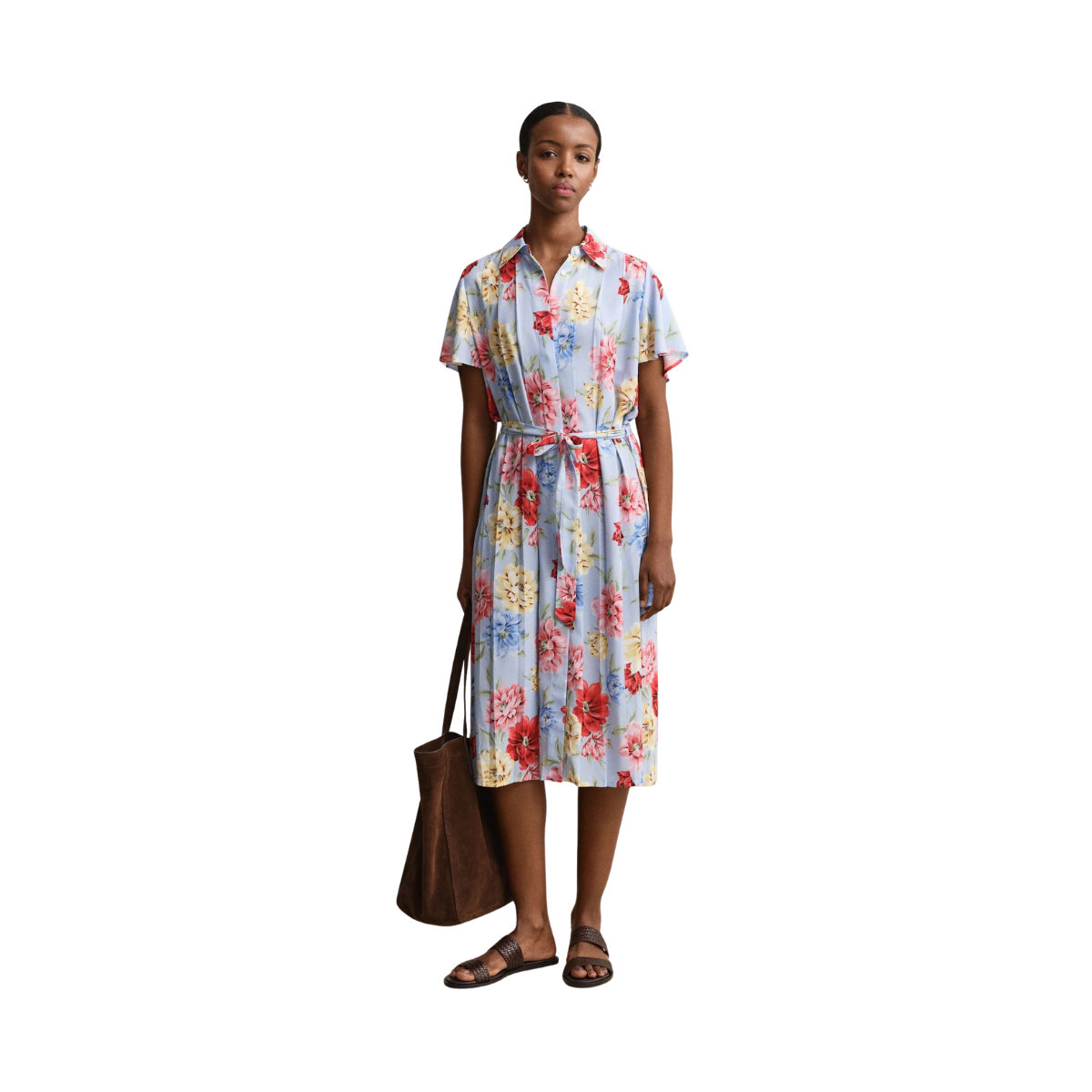 Floral Print Pleated Shirt Dress - Light Blue