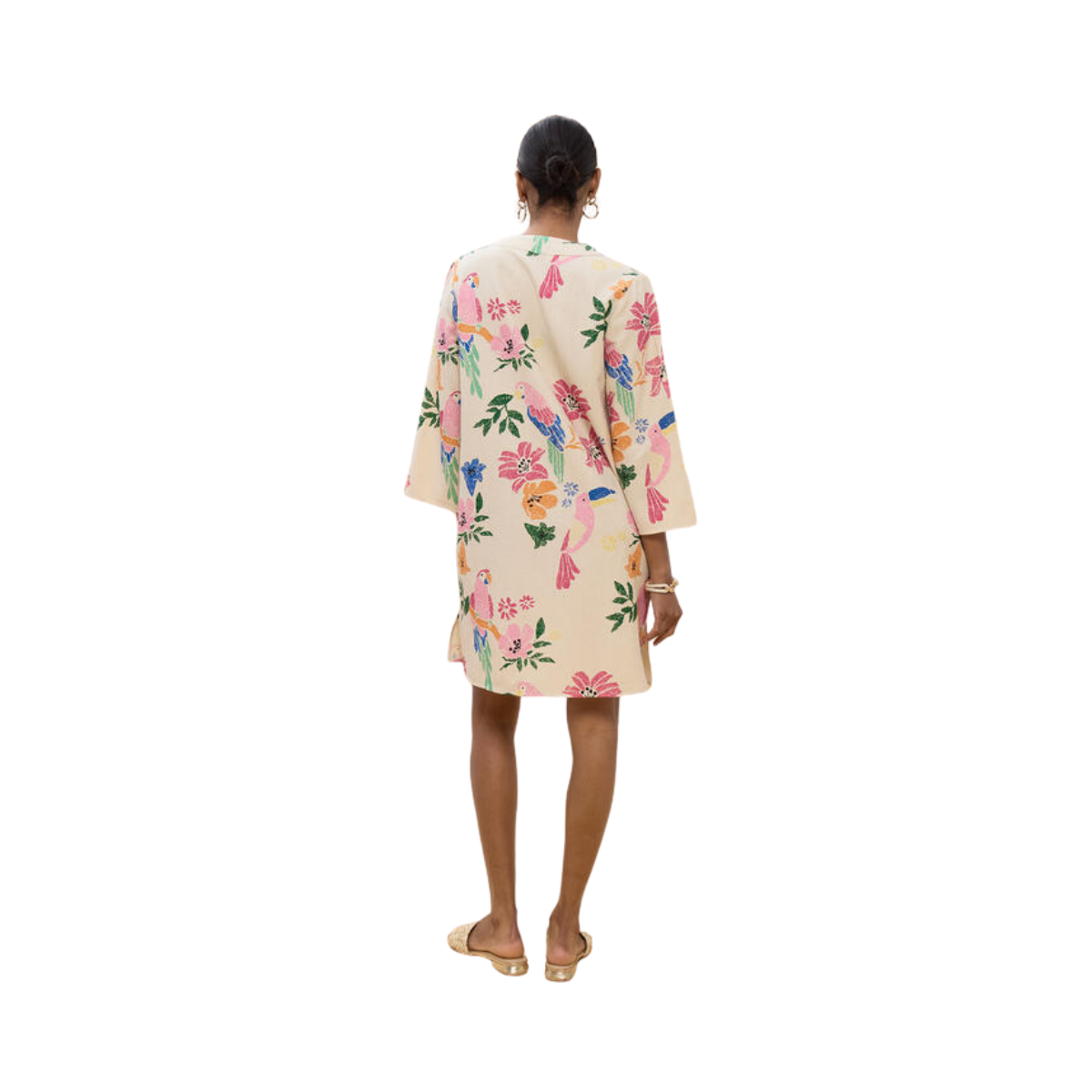 Short Dress with Beads - Ecru-Multicolor