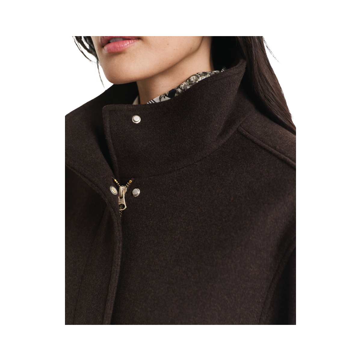 Short Wool Jacket With Zip - Deep Brown