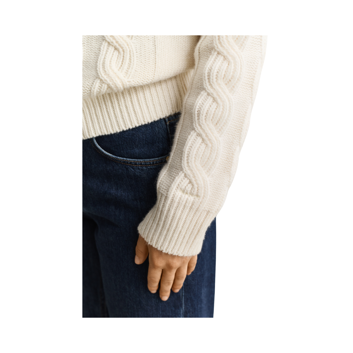 Wool Blend Cable Knit C-Neck - Cream