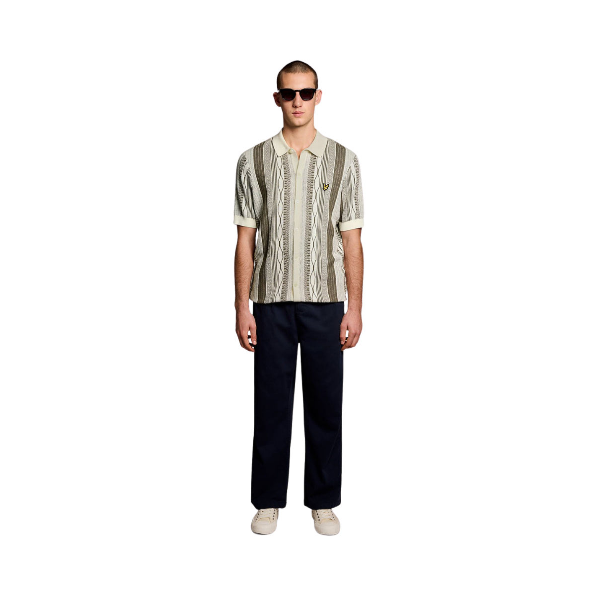 Brocade Jacquard Short Sleeve Knitted Shirt - Ice Cream / Khaki Ash