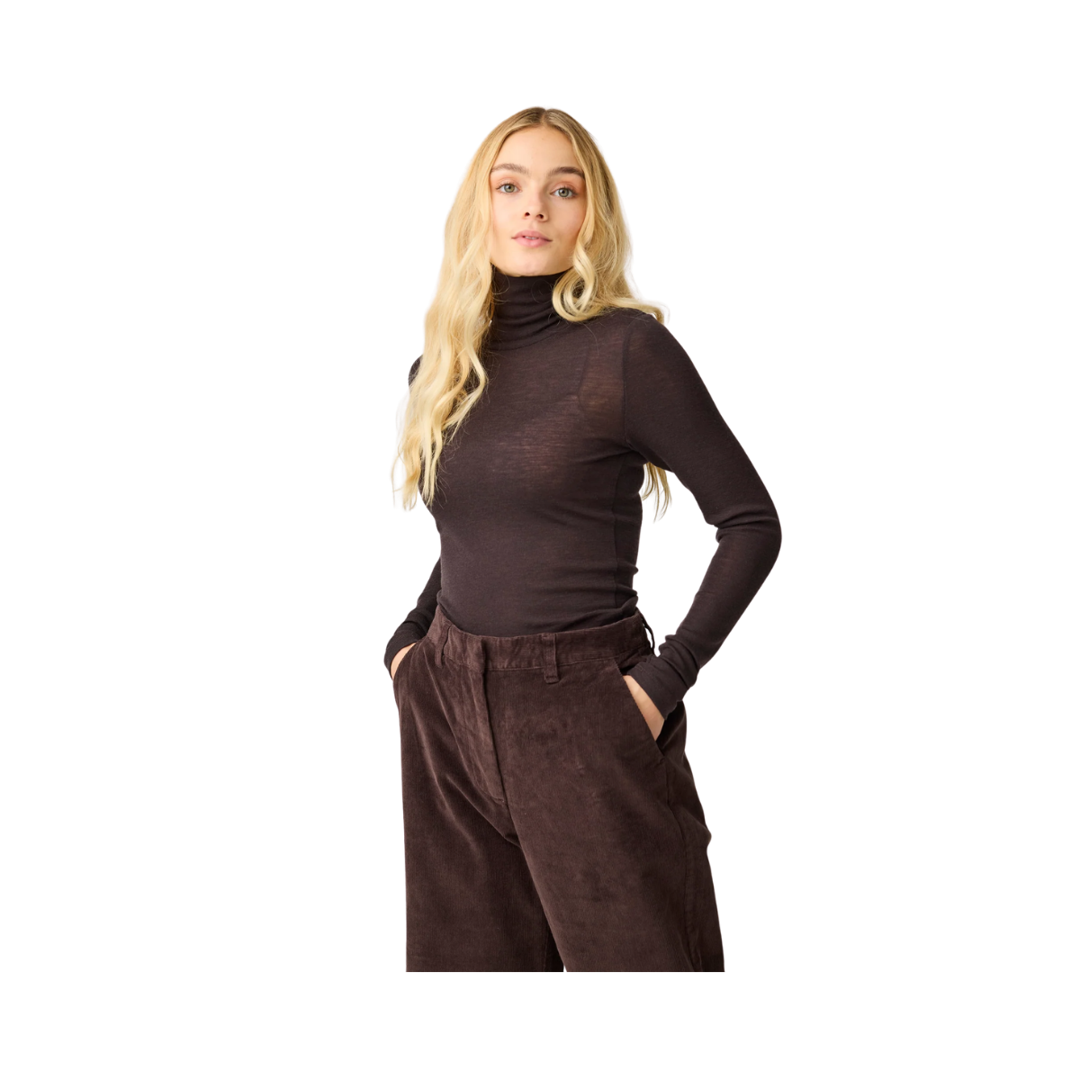 Merino Rib Long Sleeve Roll-Neck - Chocolate Torte