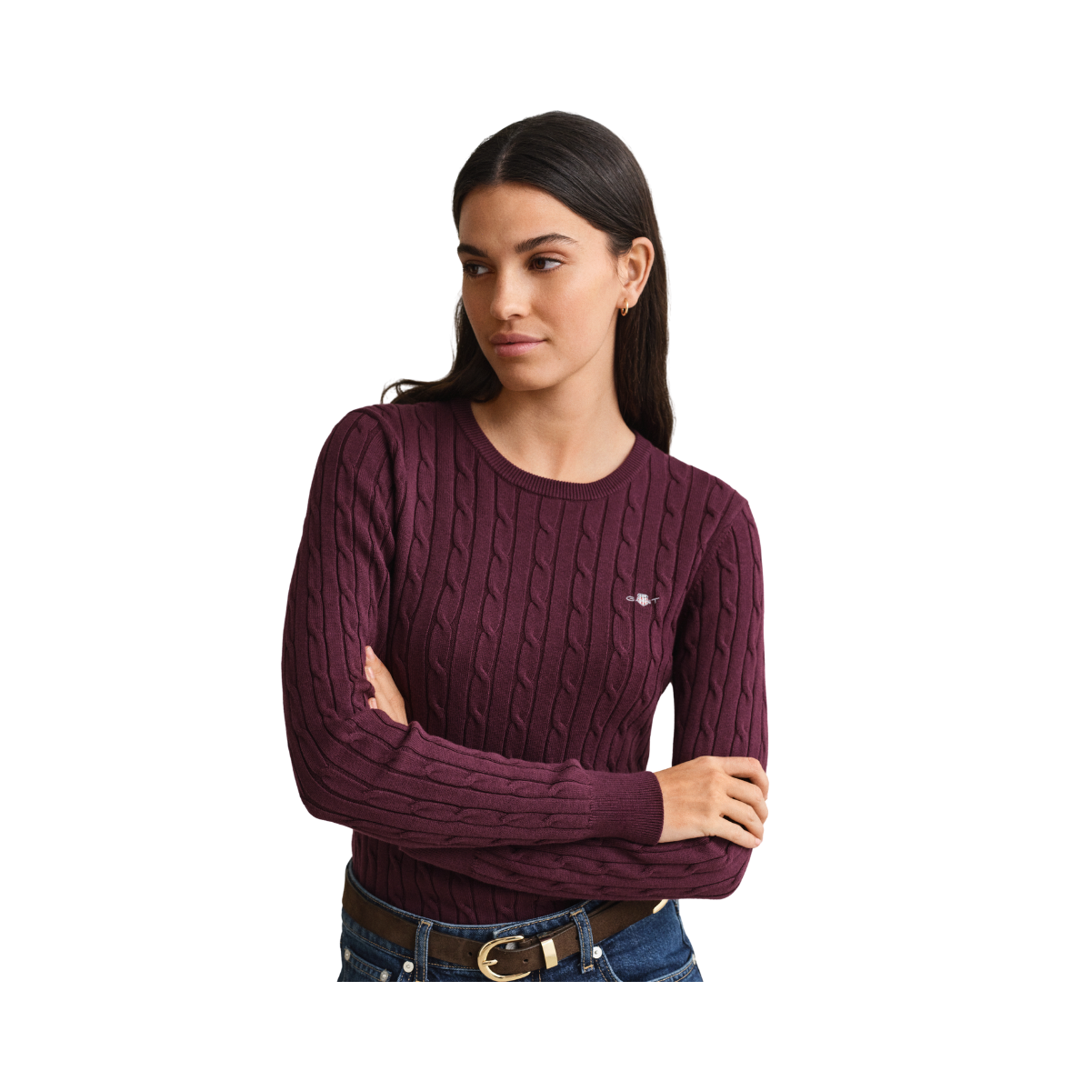 Stretch Cotton Cable C-Neck - Darkened Wine