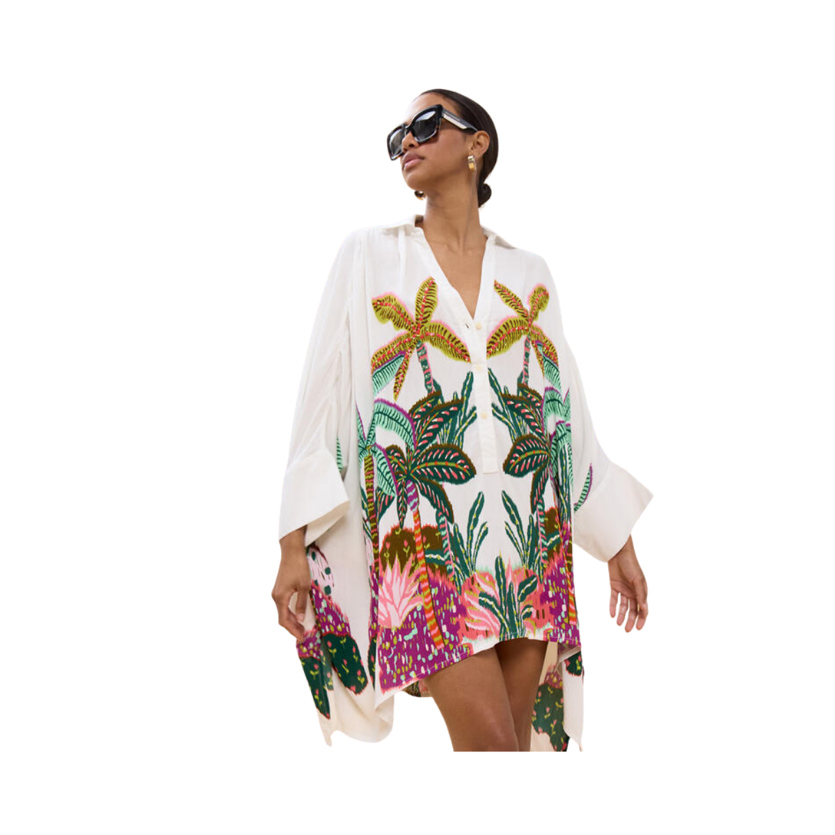 Oversized Shirt with Palm Print - Ecru-Multicolor