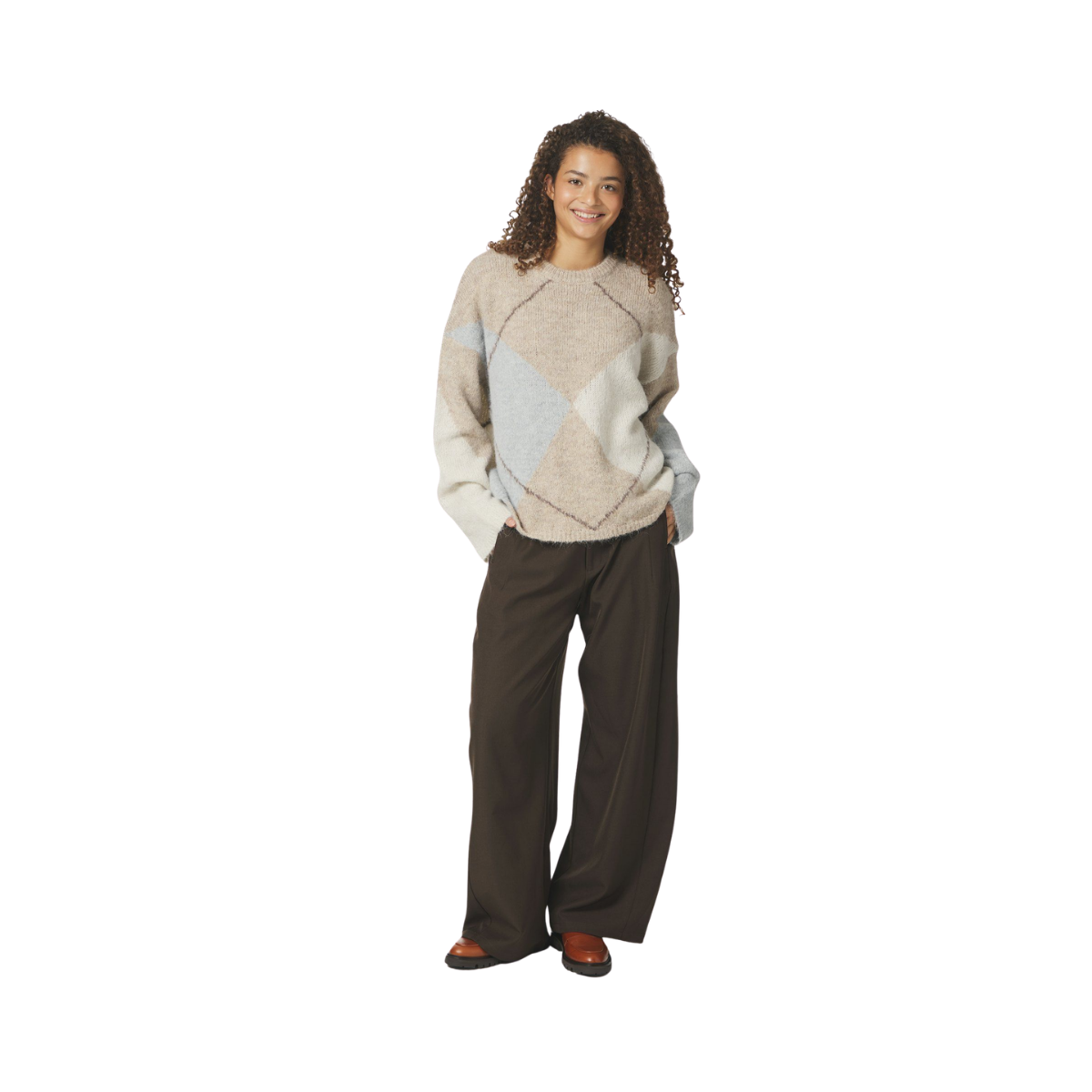 Inga Check Fluff Knit Blouse - Beige Melange