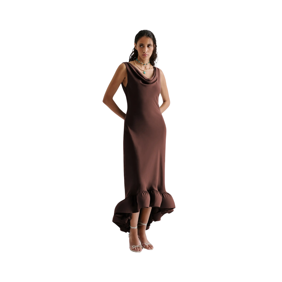 Alia Cowl Neck Ruffled - Chocolate