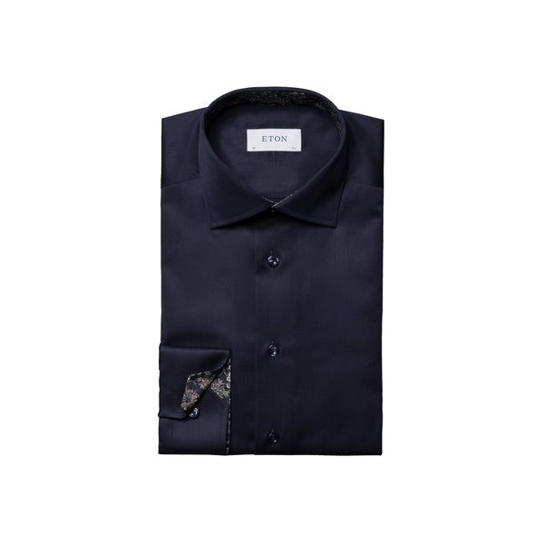 Contemporary Fit Paisley Effect Signature Twill Shirt Cut Away Collar - Navy