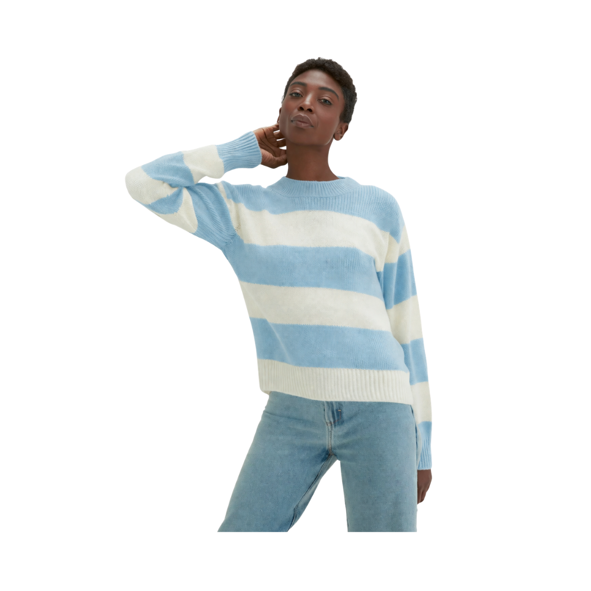 Boxy Raglan Striped Sweater - White / Blue Fog