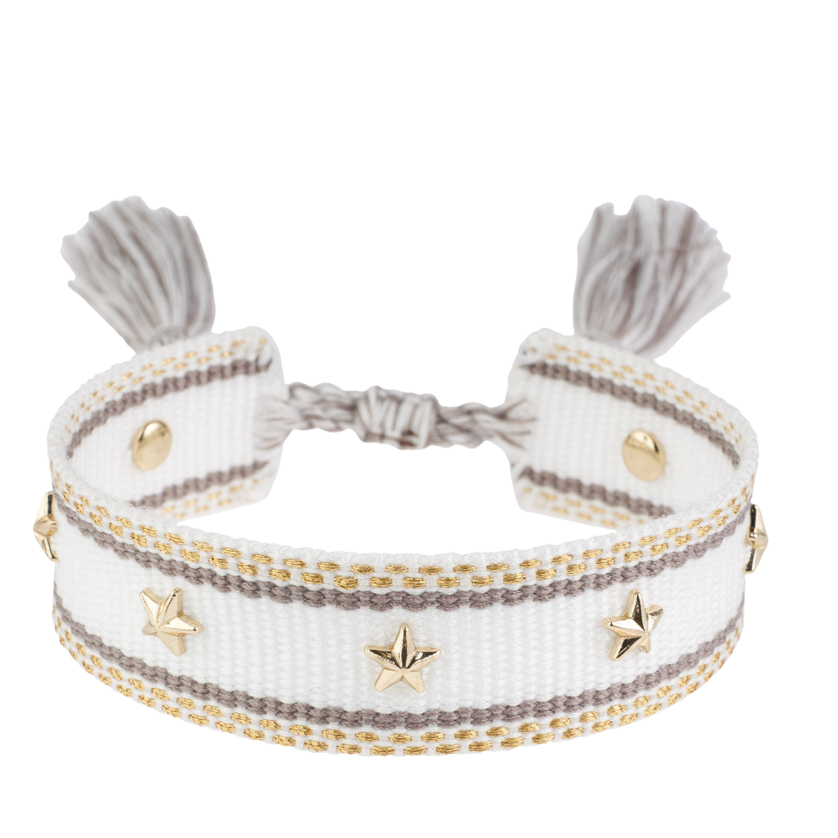 Woven Friendship Bracelet W/Star Studs - White W/Taupe & Gold