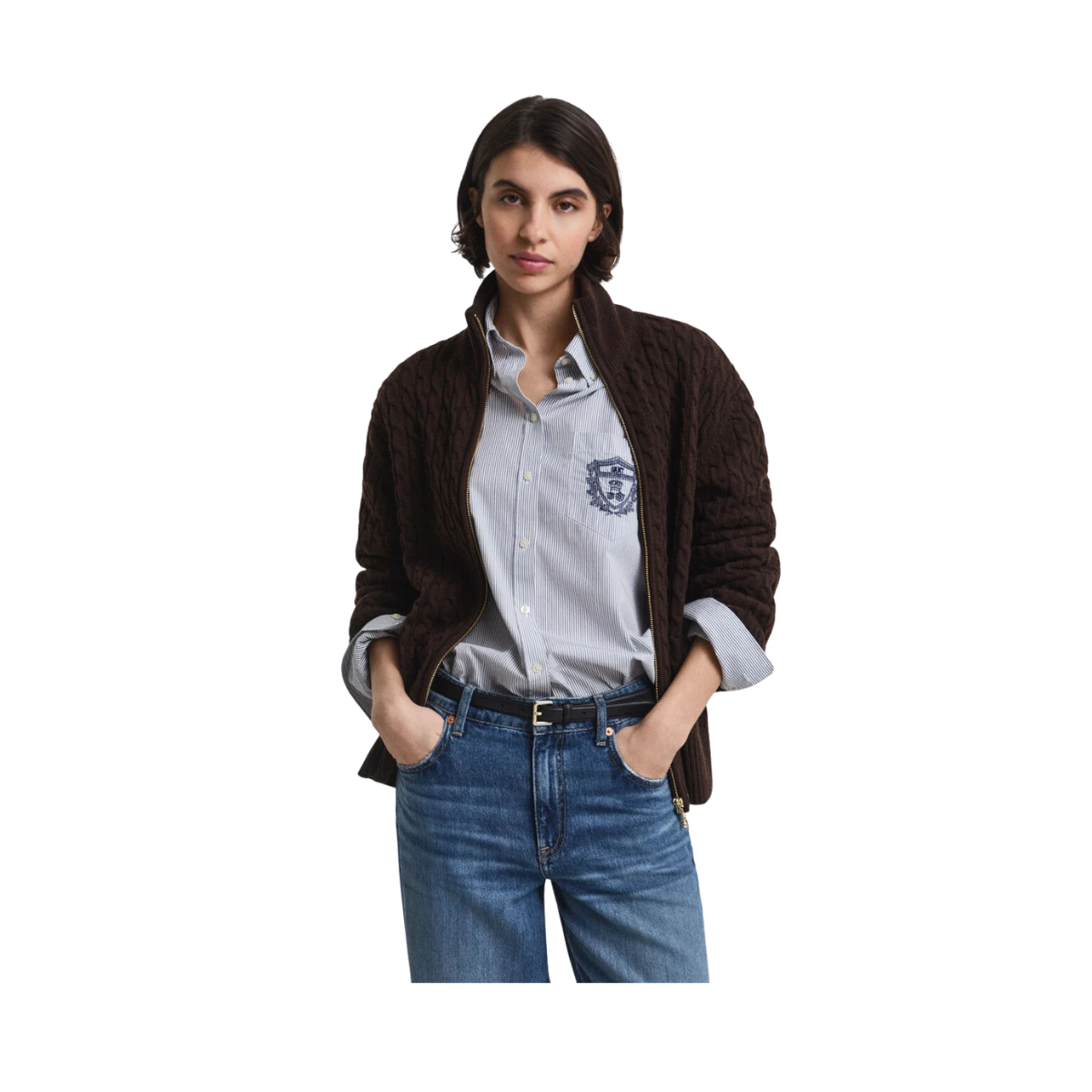 Cable Knit Zip Cardigan - 202 Deep Brown