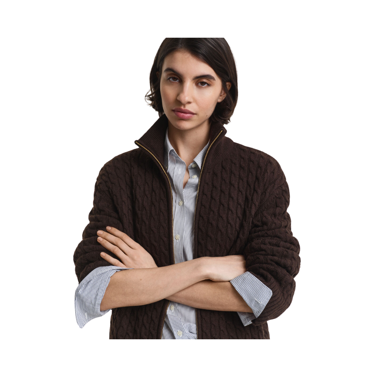 Cable Knit Zip Cardigan - 202 Deep Brown