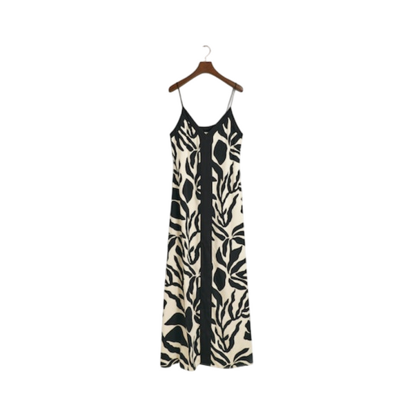 Palm Print Strap Dress - Beige