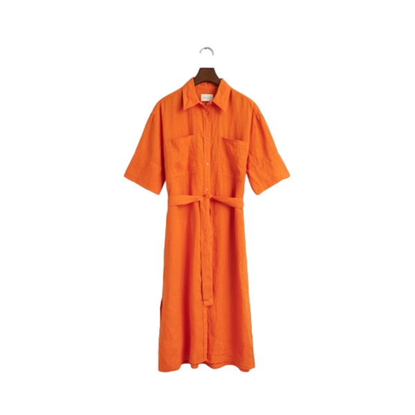 Relaxed Linen SS Shirt Dress - Orange