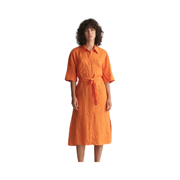 Relaxed Linen SS Shirt Dress - Orange