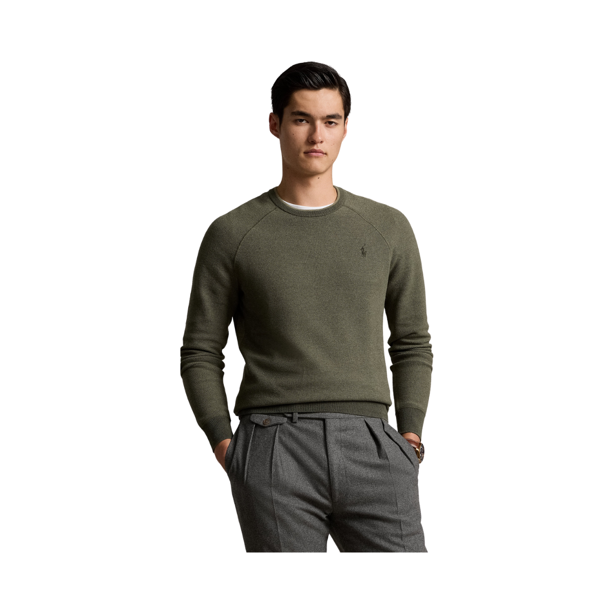 Textured Cotton Crewneck Jumper - Green