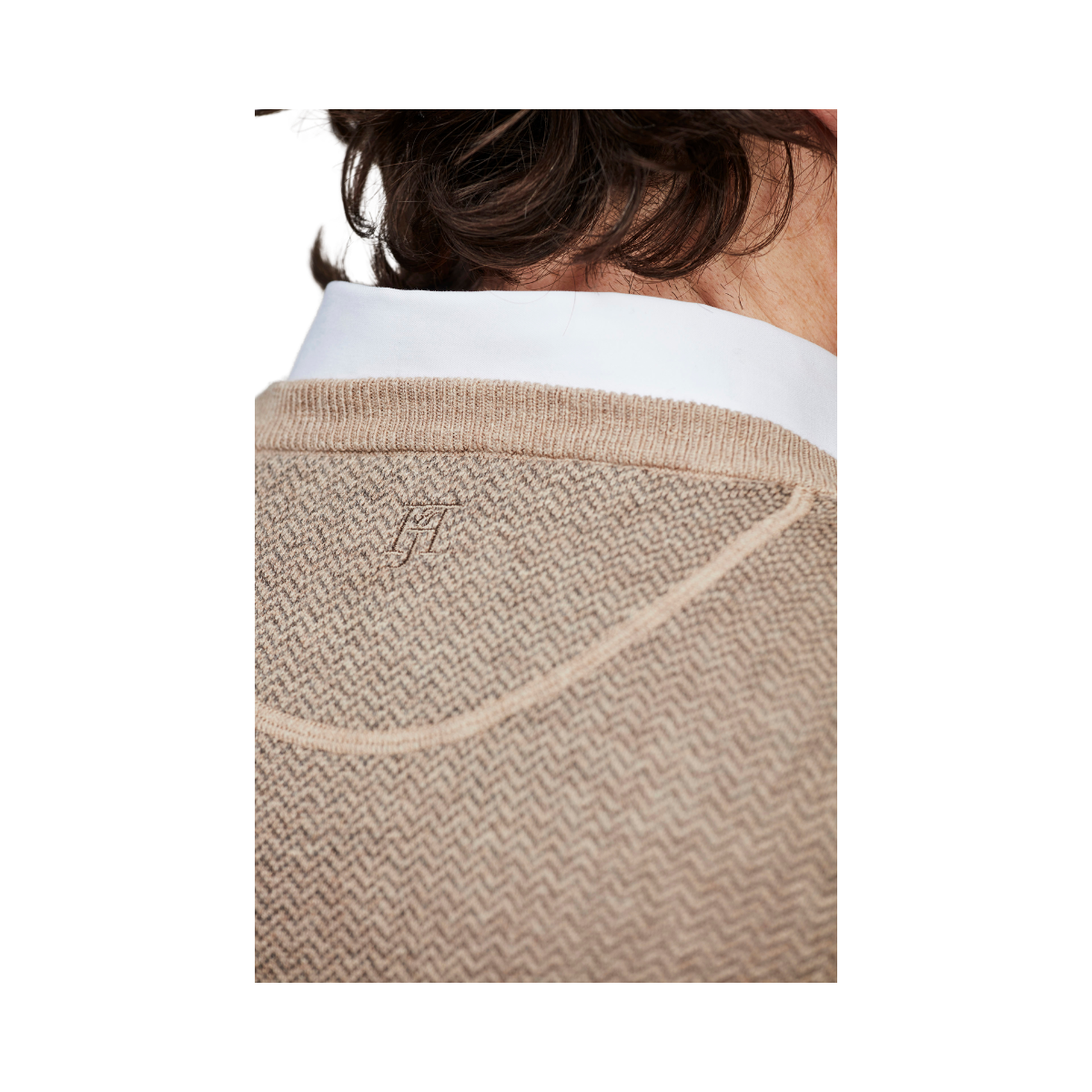 2TONE HERRINGBONE KNIT, CREW NECK - Beige