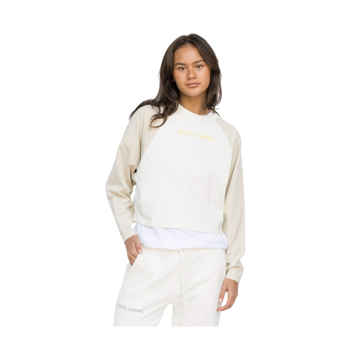 Cropped Varsity LS Tee - Ecru/Khaki