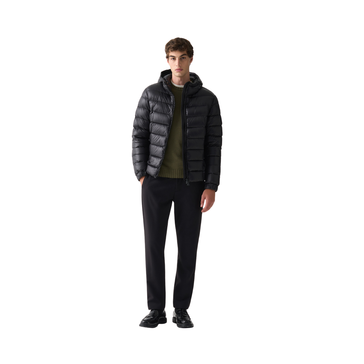 Mens Glossy Hooded  Down Jacket - Black