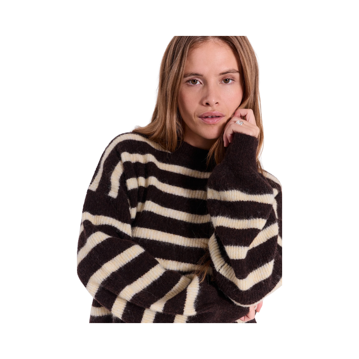 Halli Stripe O-Neck Knit Top - Brown With Yellow Stripe