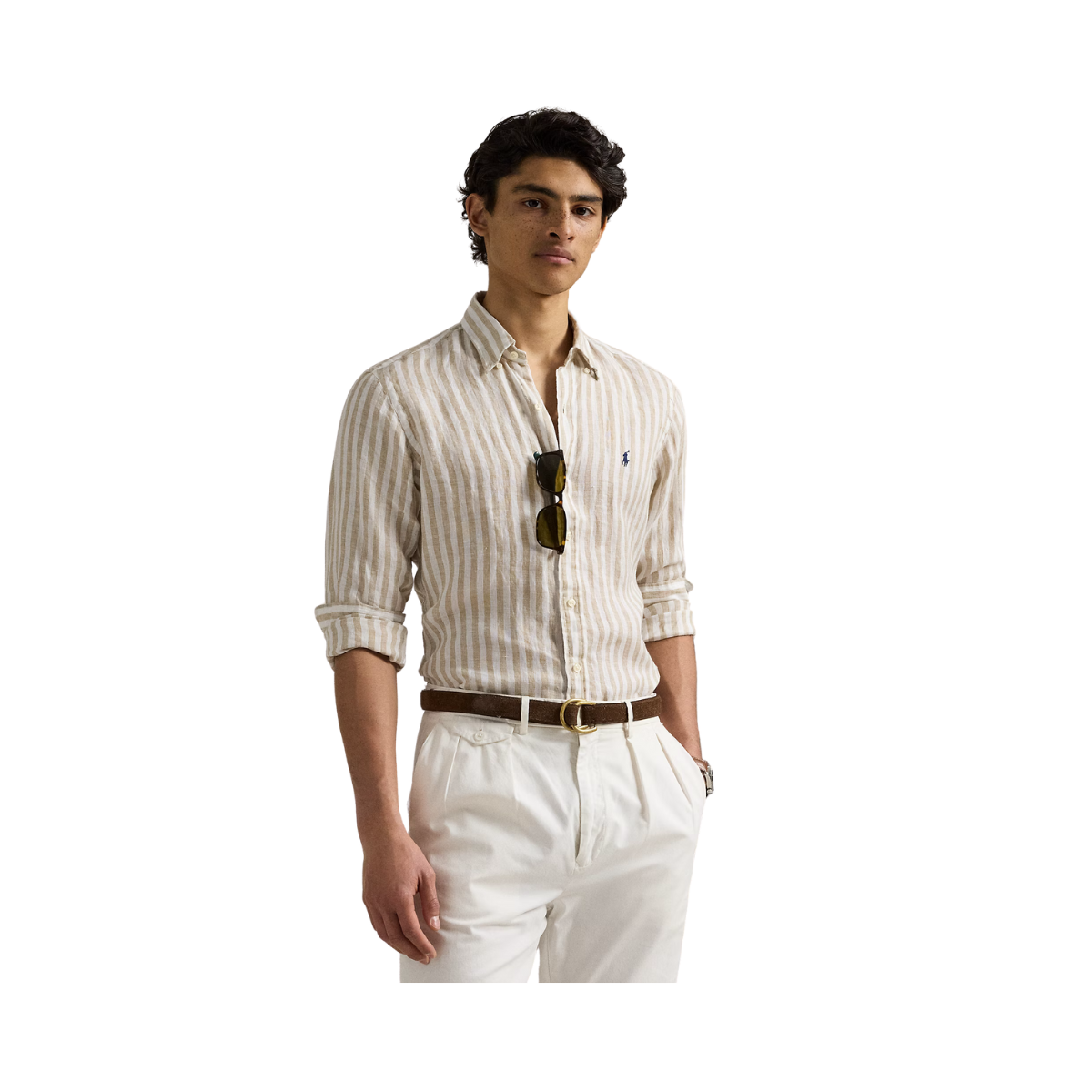 Custom Fit Striped Linen Shirt - Coastal Beige/White