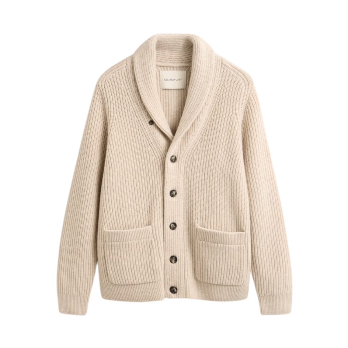 Ribbed Wool Blend Shawl Cardigan - Light Beige Melange