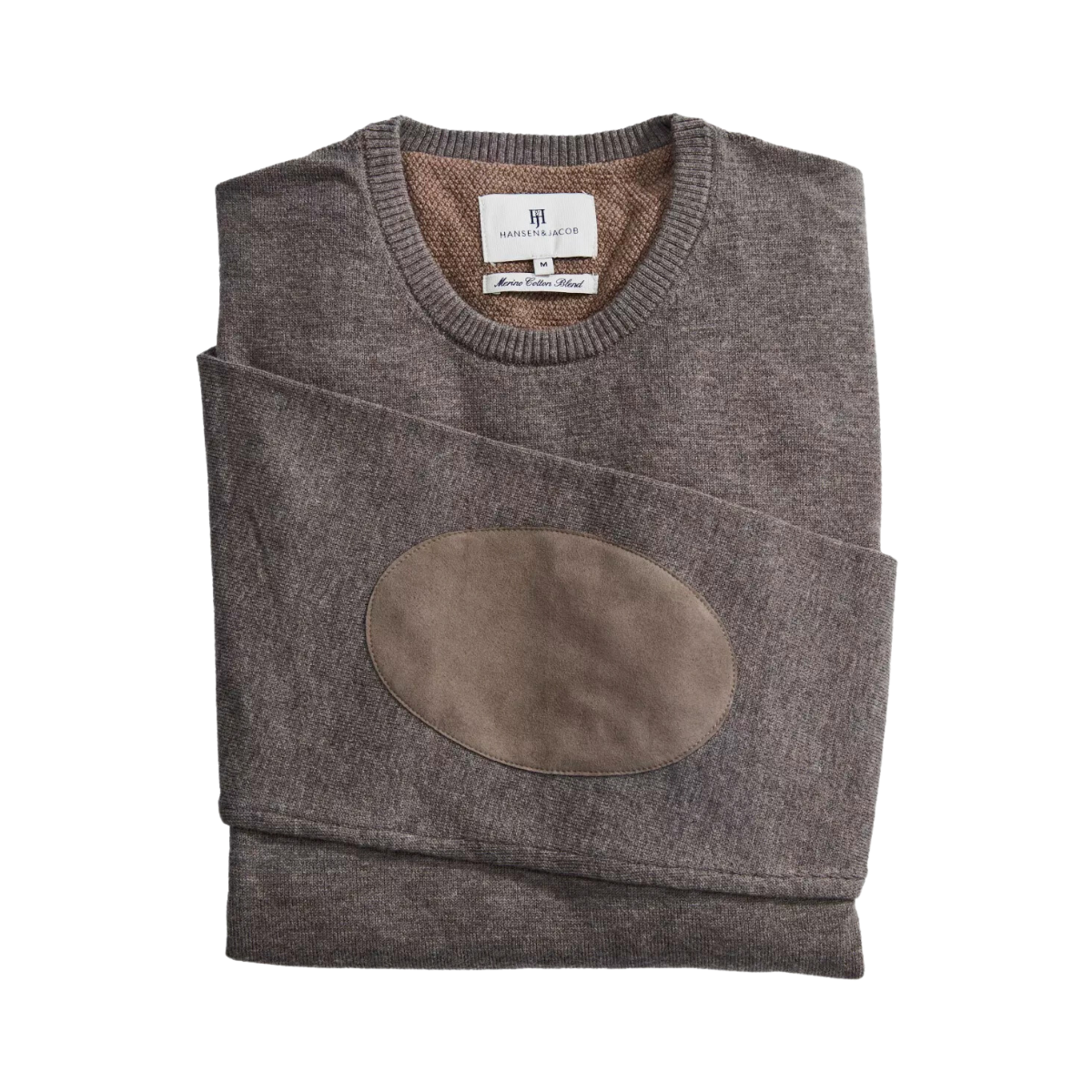 CREW NECK SWEATER, ELBOW PATCH - Brown